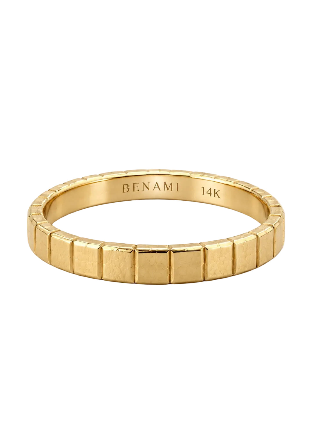 A gold ring with a textured, block-like segmented design, shown on a clean white background. The inside of the band is engraved with the brand name 'BENAMI' and '14K'.